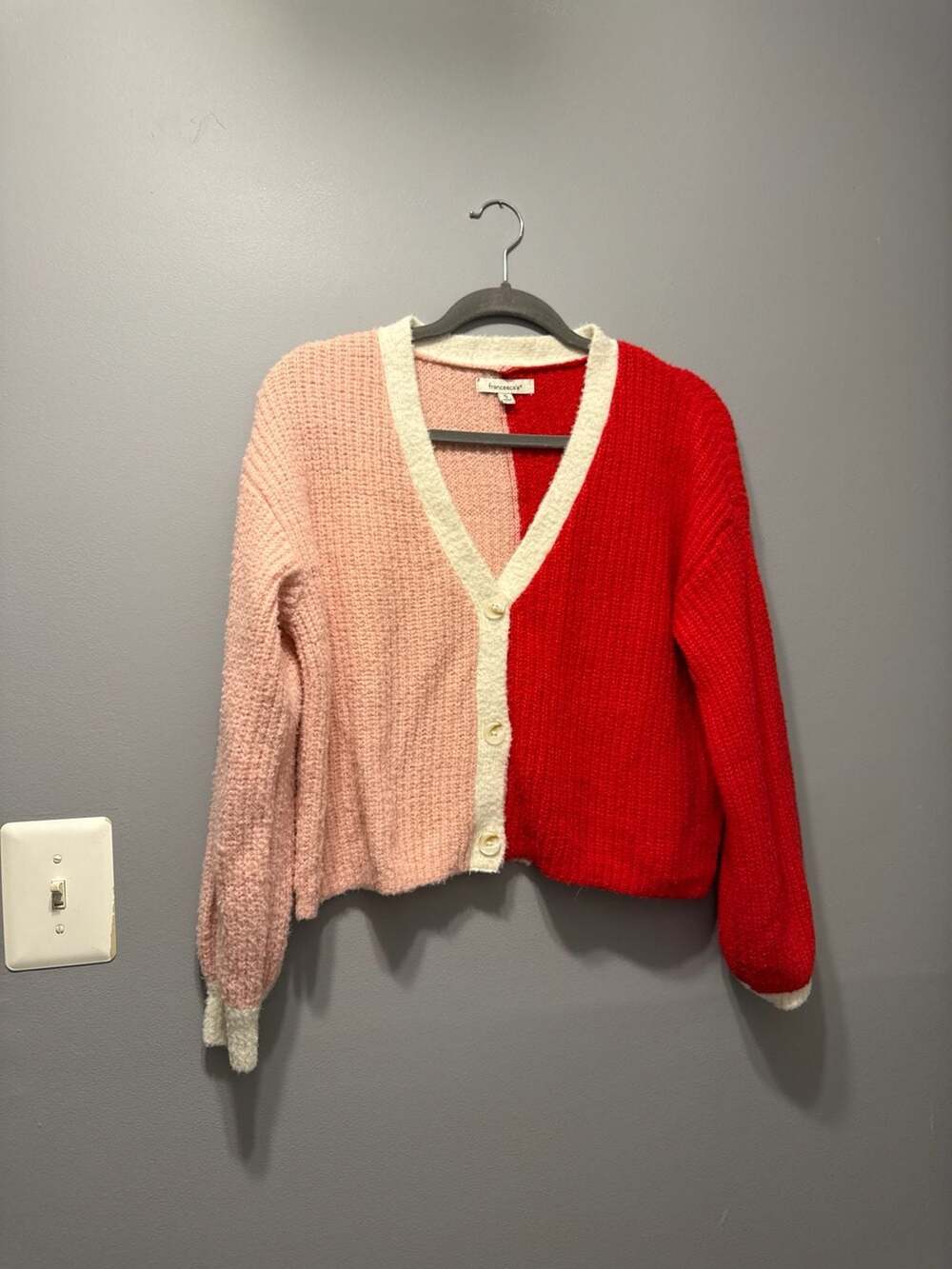 Francesca's Two-Tone Pink and Red Colorblock Button Up Cardigan Sweater